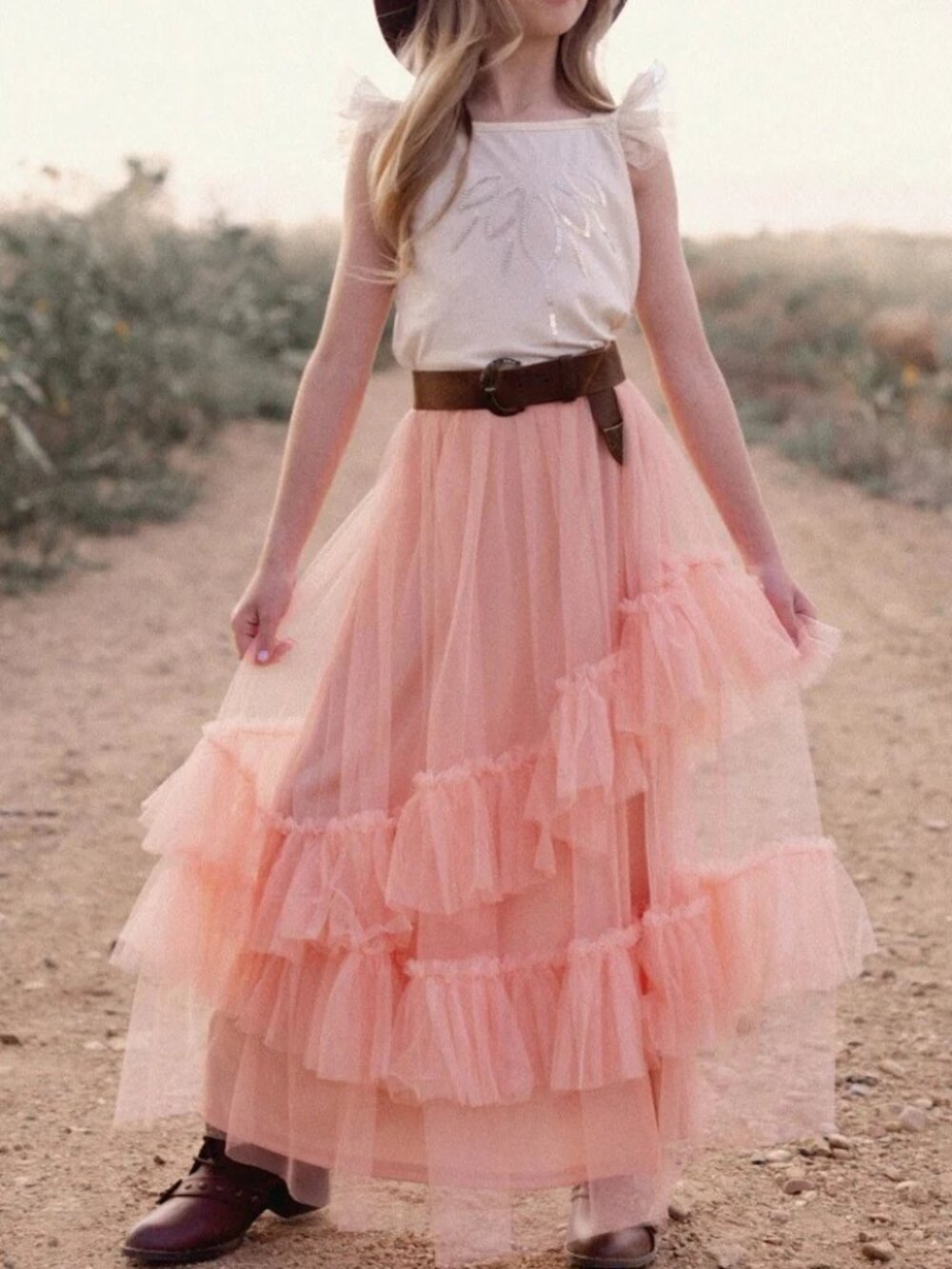 Joyfolie Havana A-line Maxi Tulle Skirt Girl's Size 12 Mauve Pink Ruffle NWT